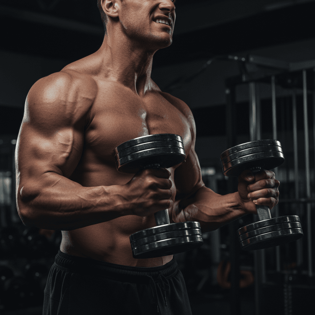 Member performing intense weight training with dumbbells