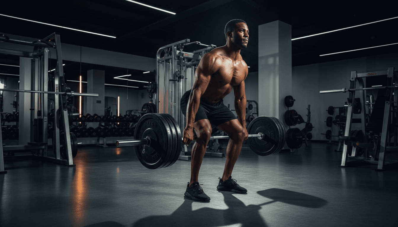 Male athlete performing heavy barbell deadlift with focused intensity in modern gym
