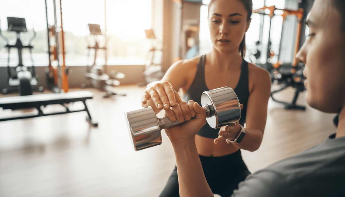 Female trainer demonstrating proper dumbbell form to client during personal training session