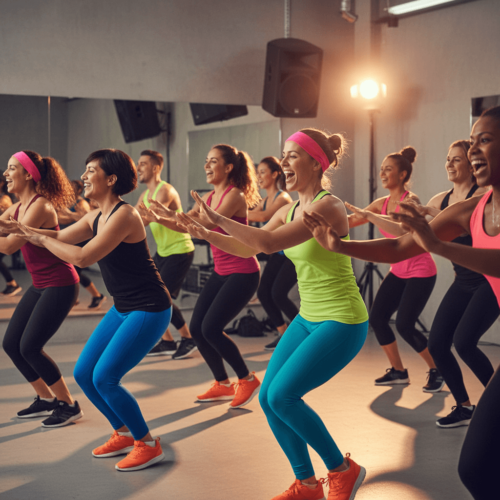 Group Zumba class with diverse participants enjoying group fitness