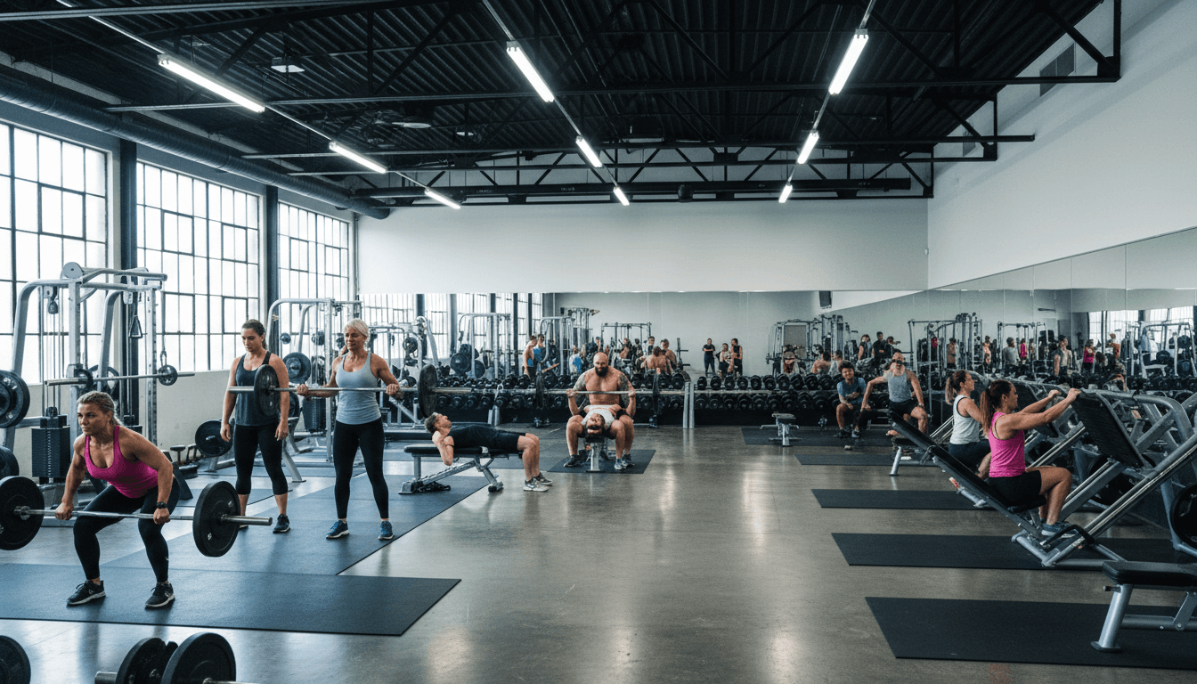 Modern premium gym interior with professional training equipment and active members