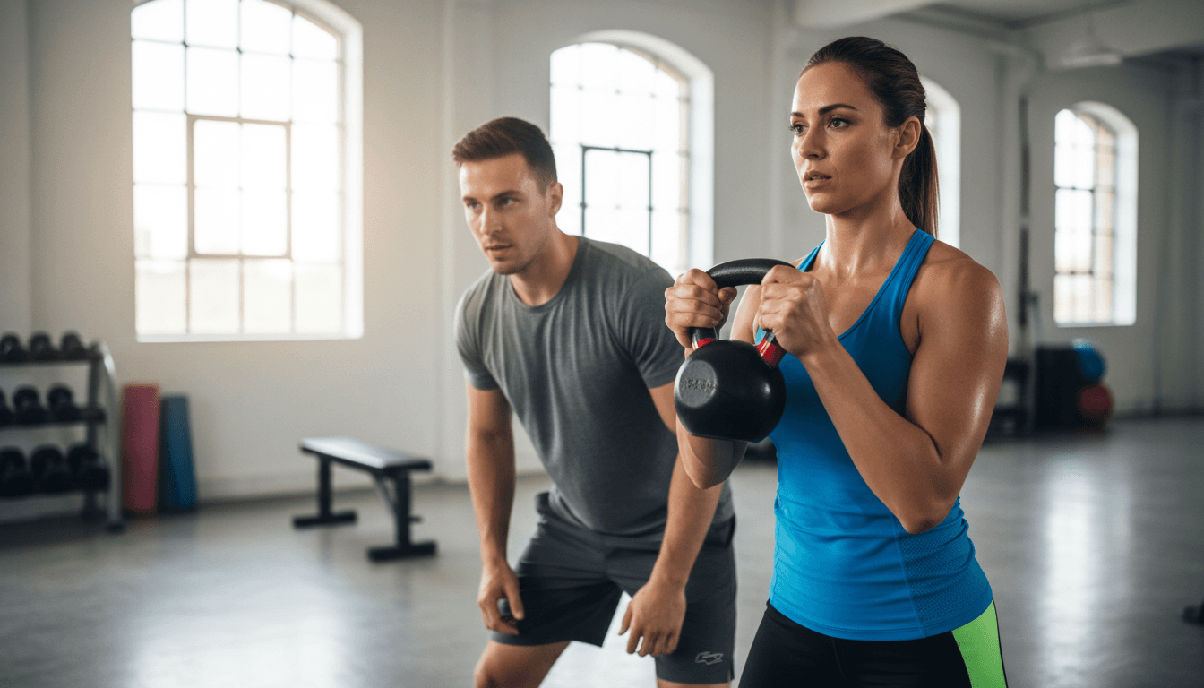 Personal trainer demonstrating kettlebell exercise to client