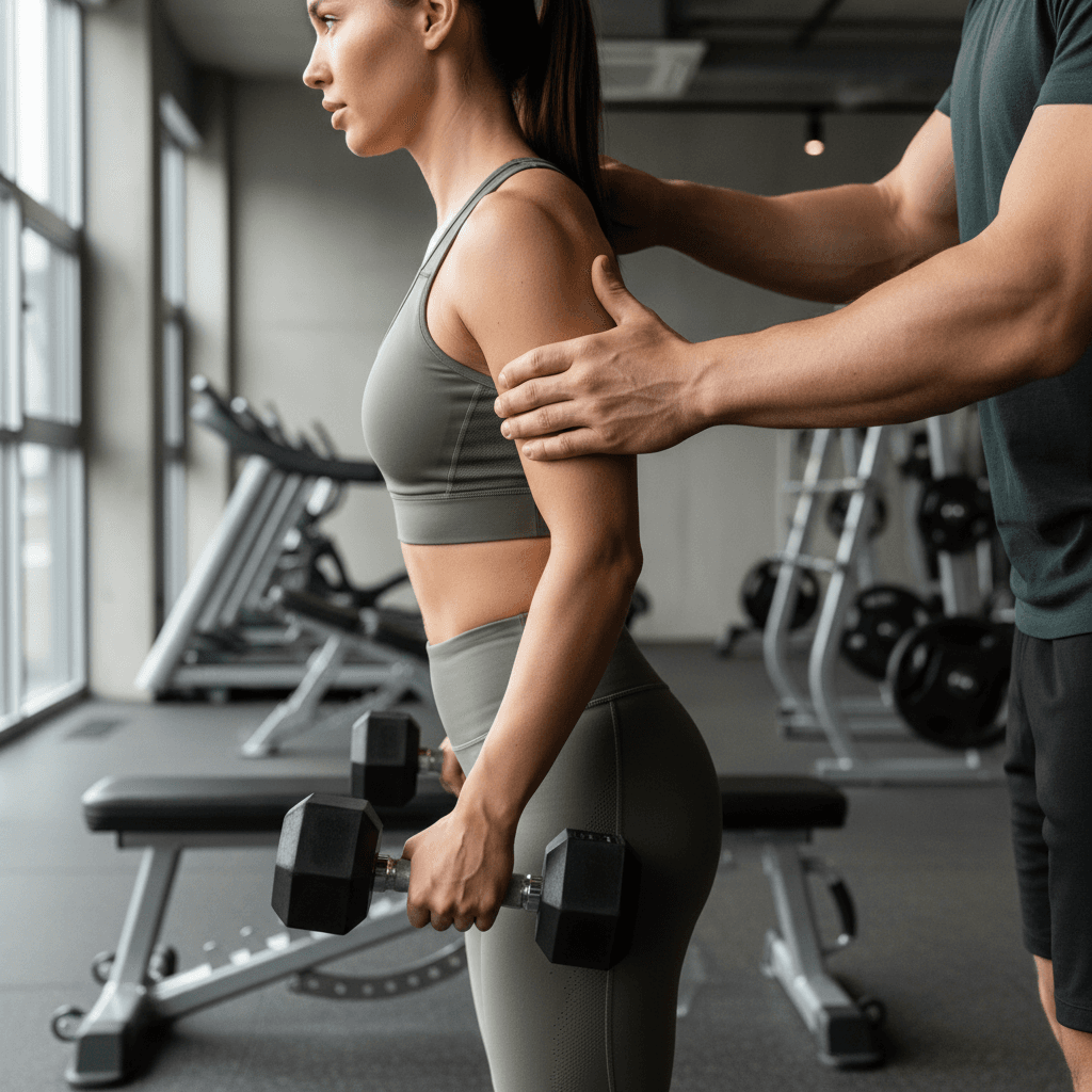 Personal trainer providing form correction and professional guidance to gym member