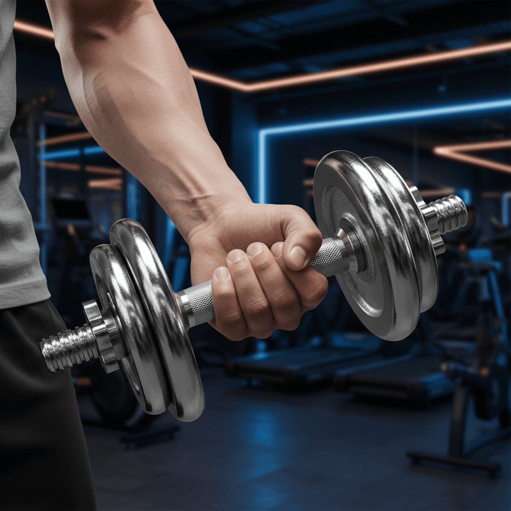 Person gripping dumbbell during weight training at premium gym