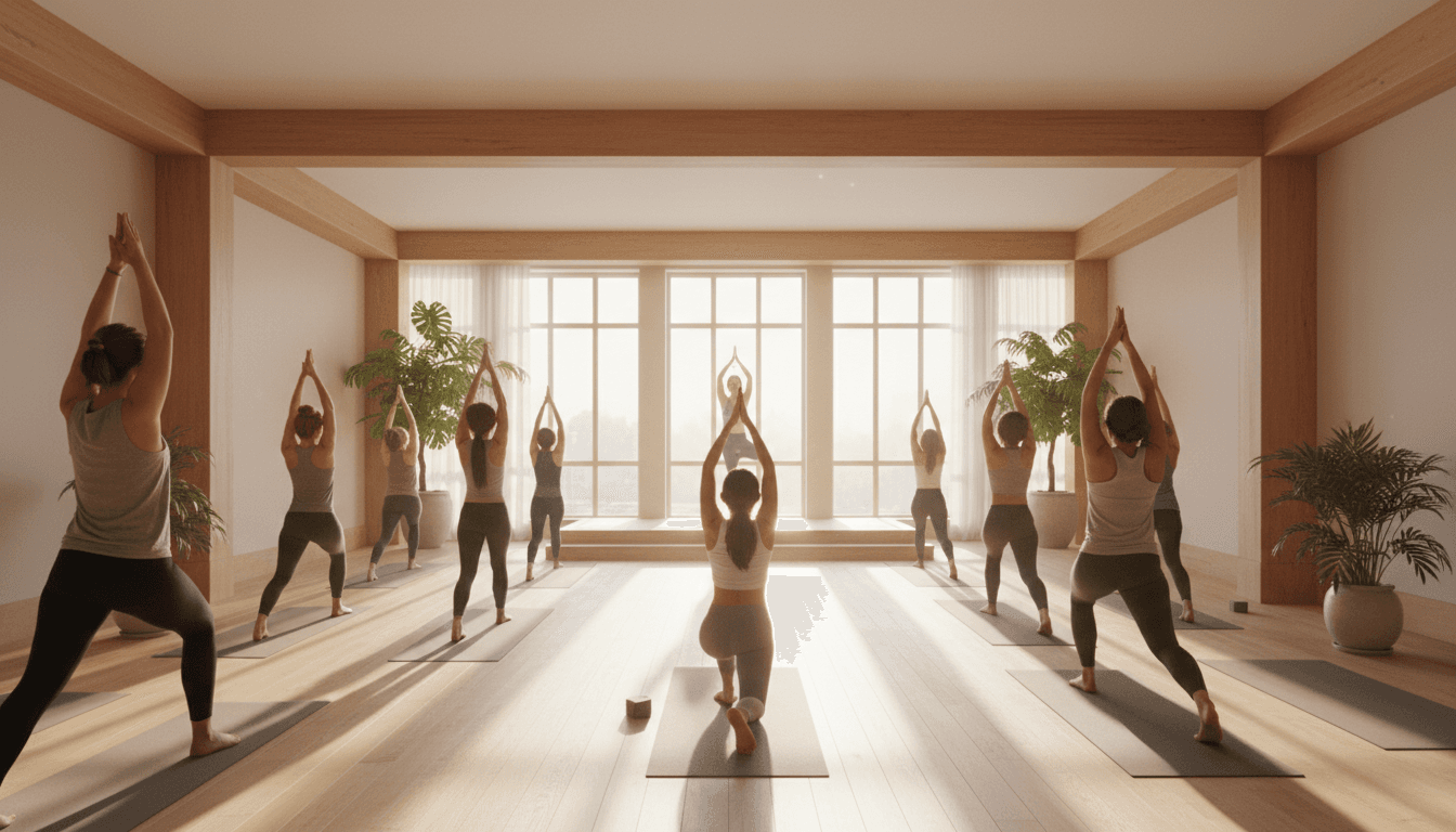 Yoga class with multiple participants in meditation poses