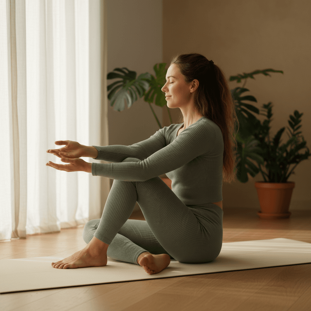 Woman practicing yoga pose in peaceful, naturally-lit studio with group setting