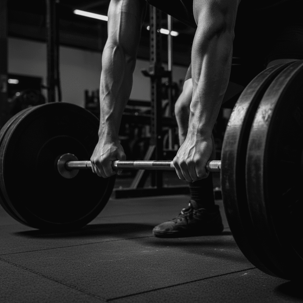 Person performing barbell bench press with proper form and modern weight equipment