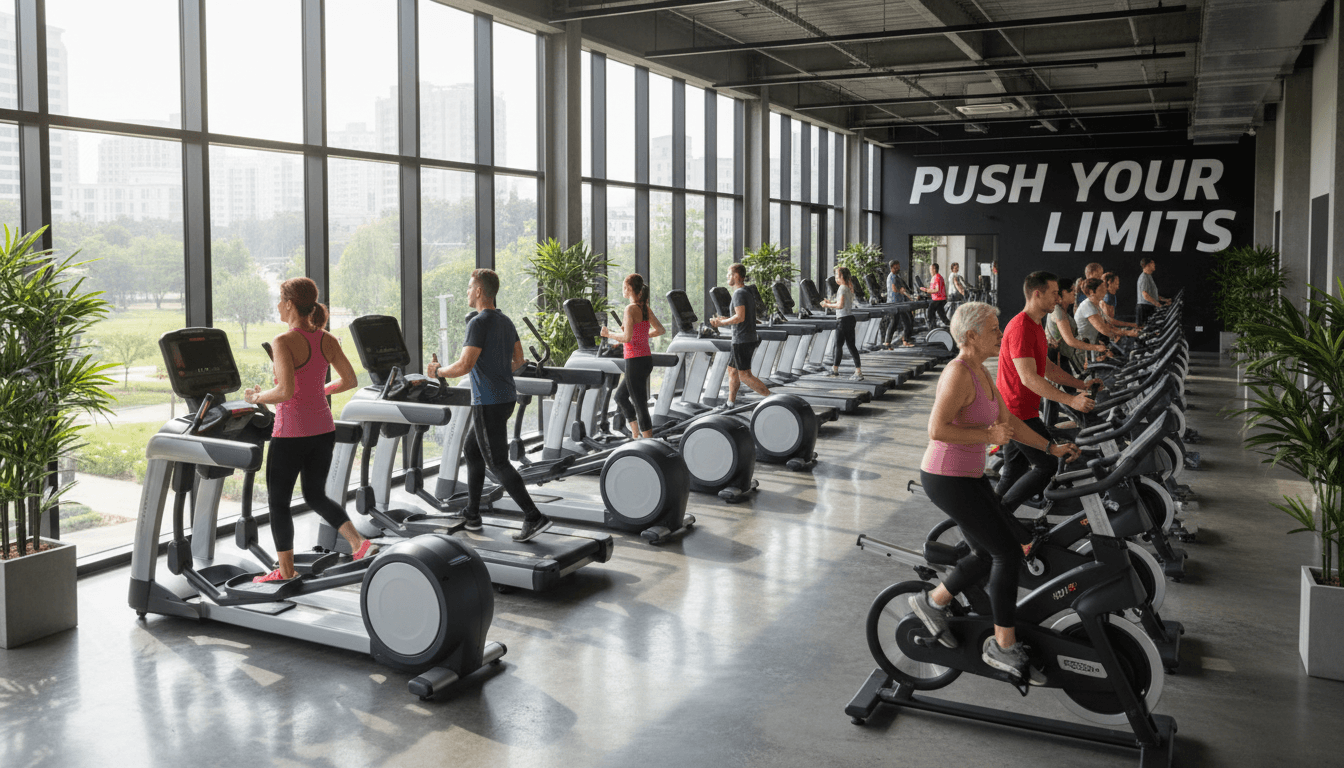 Woman running on modern cardio equipment in a bright, spacious gym