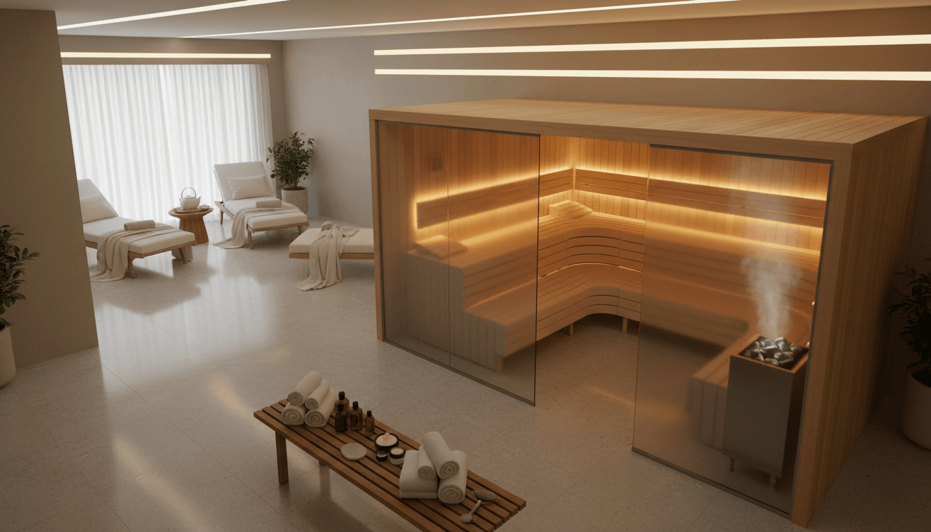 Person relaxing in modern steam room facility with visible therapeutic steam